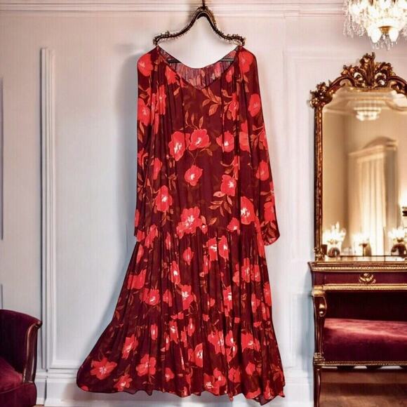 Sonoma Maxi Dress Plus Size 3XL Red Burgundy Floral Tiered Full Skirt - Picture 1 of 10